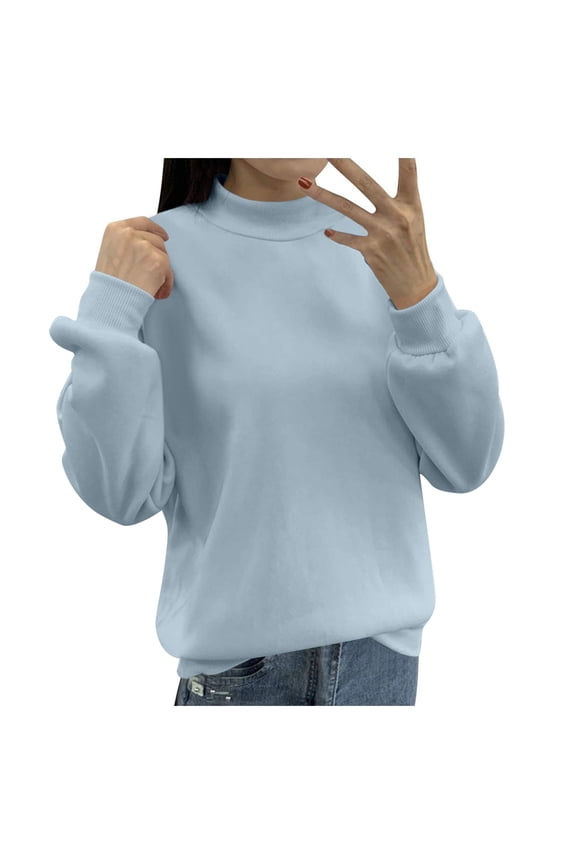 Women's Lined Small Turtleneck Loose Casual Long Sleeve Crewneck Sweatshirts Women Solid Color Blue XXL