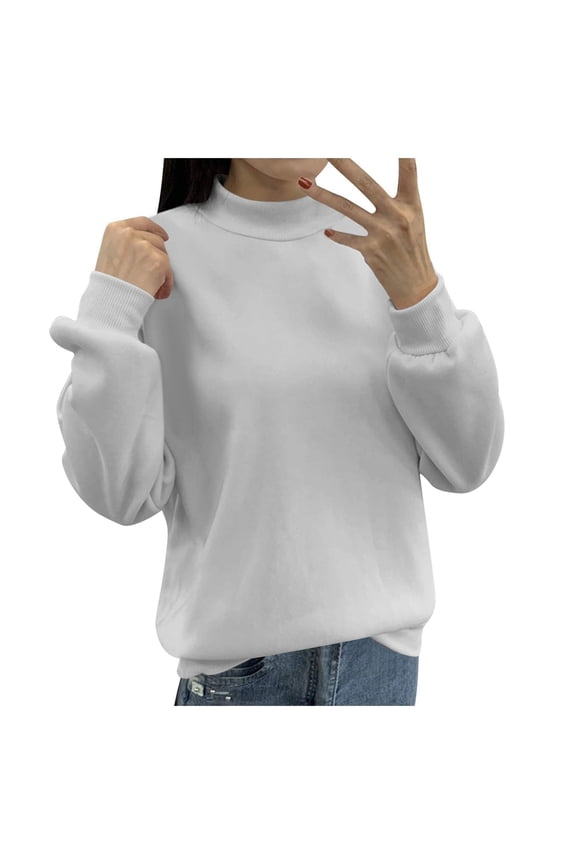 Women's Lined Small Turtleneck Loose Casual Long Sleeve Crewneck Sweatshirts Women Solid Color White S
