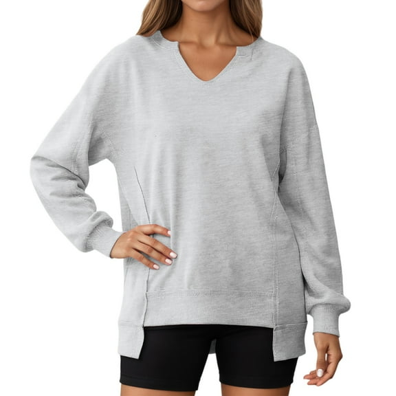 Bmisegm Women's Oversized Pullover Sweatshirt Long Sleeve Tunic Top with Shirt Collar Sweatshirts for Women for Loose Fit Grey M