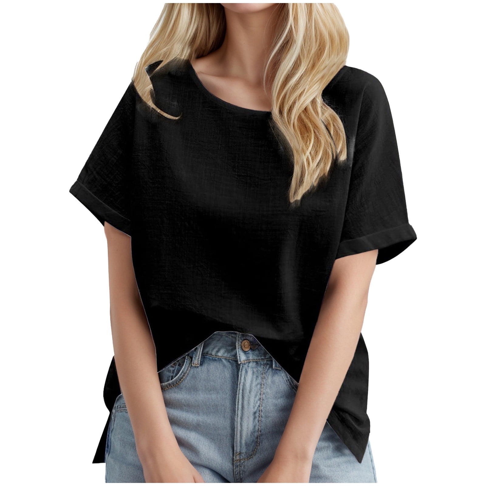 Bmisegm Women's Short Sleeve Cotton Linen Shirt Casual Loose Fit Round