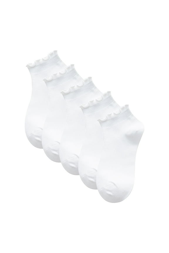 Women's Solid Color 5PC Low Top Cotton Socks Japanese Boat Socks with Wooden Ear Trim White One Size