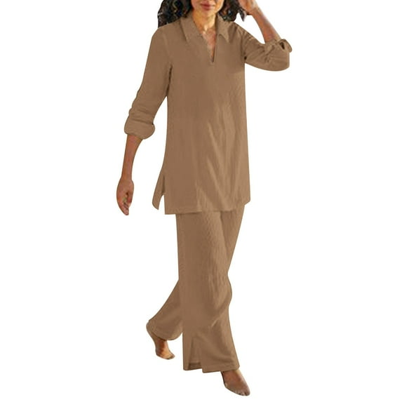 Bmisegm Women's Solid Color Vintage Pants Suit Cotton Casual Long Sleeved Loose Cotton Suit Womens Pant Suit Coffee M