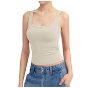 Bmisegm Womens Square Neck Tank Top Sleeveless Double Lined Basic Tops Sharp Collection Tank Tops for Women Beige L
