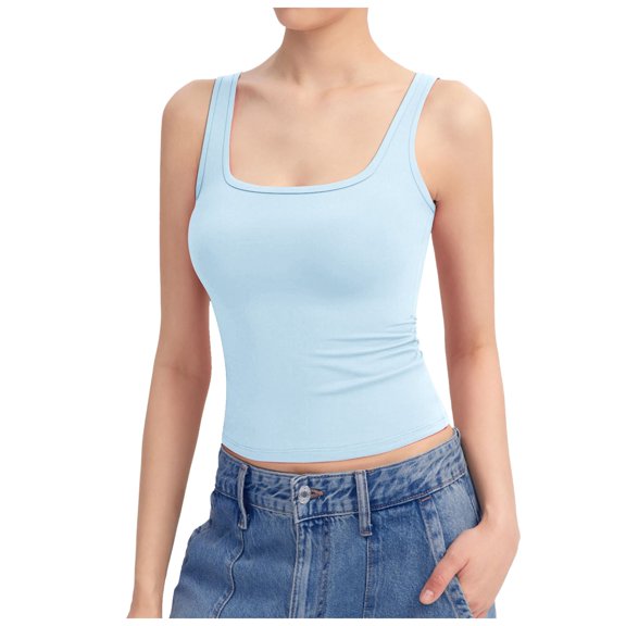 Bmisegm Women's Square Neck Tank Top Sleeveless Double Lined Basic Tops Sharp Collection Tank Tops for Women Light Blue S