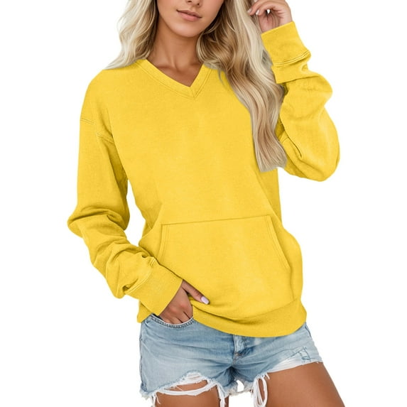 Bmisegm Women's V Neck Pullover Womens Sweatshirts Soft Long Sleeve Casual Tops for Daily Sports Yellow XXL