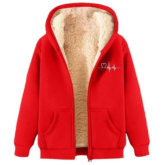 Bmisegm Women's Winter Velvet Thickened Warm Solid Color Cardigan Sherbet Hooded Sweatshirt Zip Jacket Womens Sweatshirts for Cold Weather Red XXL