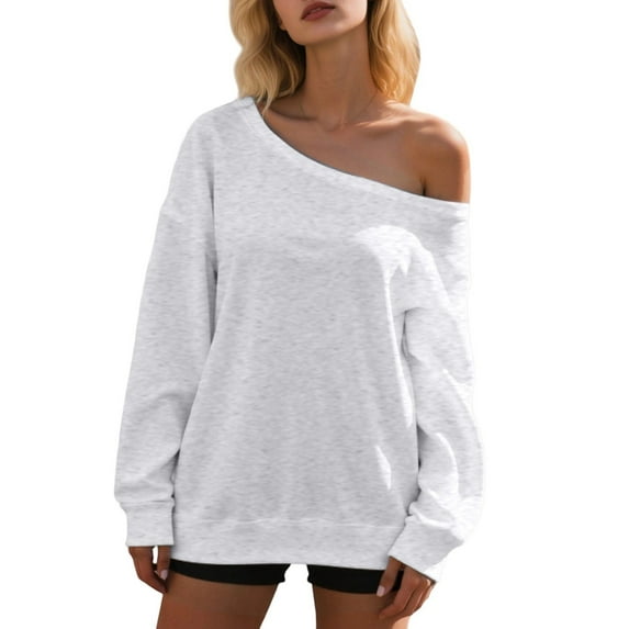 Bmisegm Women's off Shoulder Sweatshirts for Women Casual Long Sleeve Pullover Tops for Daily Wear Comfortable Light Gray M