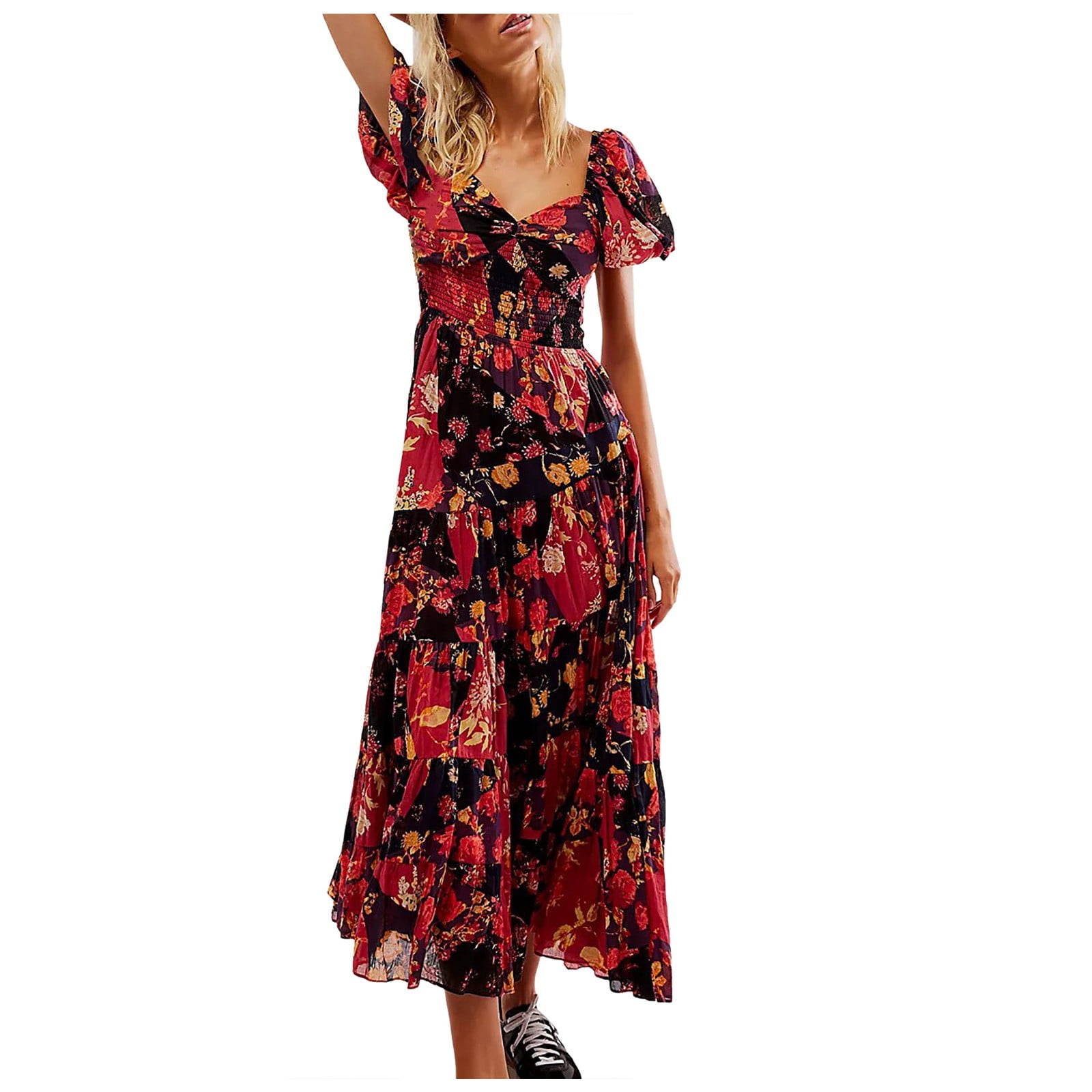 Bmisegm Women'sPrinted Bohemian Floral Patchwork V Neck A Line Large