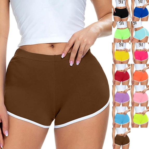 Bmisegm Womens Athletic Shorts Color Block Fashion Running Stretch Tight Yoga Sports Running Shorts for Women Brown M