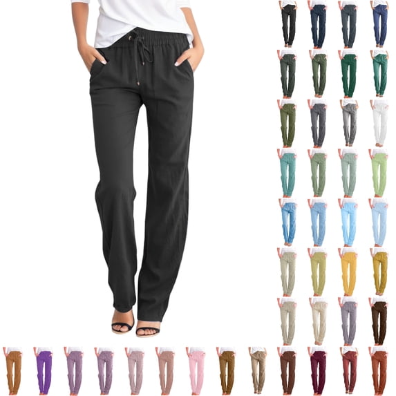 Bmisegm Womens Casual Cotton Linen Pants Lightweight Summer Relax Fit Elastic Waist Straight Leg Plus Size Solid Lounge Long Trousers Black S