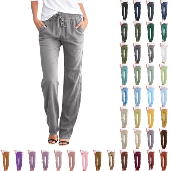 Bmisegm Womens Casual Cotton Linen Pants Lightweight Summer Relax Fit Elastic Waist Straight Leg Plus Size Solid Lounge Long Trousers Grey S