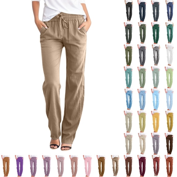 Bmisegm Womens Casual Cotton Linen Pants Lightweight Summer Relax Fit Elastic Waist Straight Leg Plus Size Solid Lounge Long Trousers Khaki#2 XL
