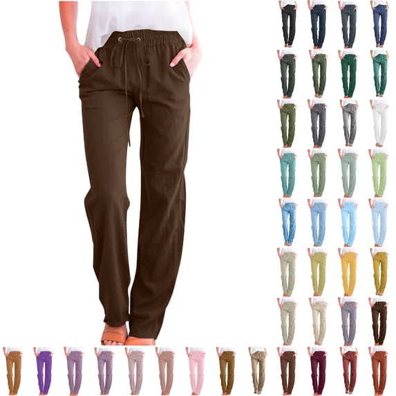 Bmisegm Womens Casual Cotton Linen Pants Solid Color Relax Fit Elastic Waist Straight Leg Plus Size Lightweight Summer Pants Women Light Brown XXL