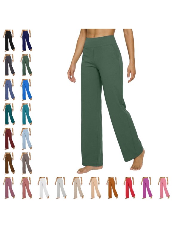 Womens Casual Pants Pull on Elastic Waist Side Pockets Regular Fit Solid Color Straight Leg Pants Women