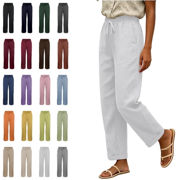 Bmisegm Womens Casual Pants Straight Leg Drawstring Waist Side Pockets Regular Fit Solid Color Pants for Women