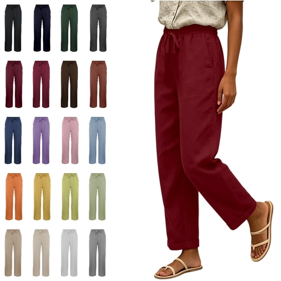 Bmisegm Womens Casual Pants Straight Leg Drawstring Waist Side Pockets Regular Fit Solid Color Pants for Women
