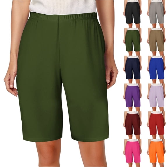 Bmisegm Womens Casual Summer Shorts Bermuda Wide Leg Knee Length Elastic Waisted Lightweight Comfy Lounge Shorts Army Green_001 L