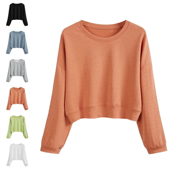 Bmisegm Womens Crewneck Sweatshirt Crop Design Long Sleeve Loose Drop Shoulder Solid Color Sweatshirt for Women