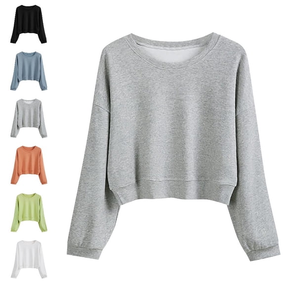 Bmisegm Womens Crewneck Sweatshirt Crop Design Long Sleeve Loose Drop Shoulder Solid Color Sweatshirt for Women