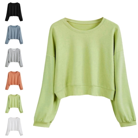 Bmisegm Womens Crewneck Sweatshirt Crop Design Long Sleeve Loose Drop Shoulder Solid Color Sweatshirt for Women