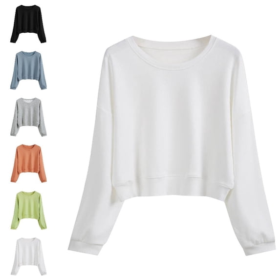Bmisegm Womens Crewneck Sweatshirt Crop Design Long Sleeve Loose Drop Shoulder Solid Color Sweatshirt for Women