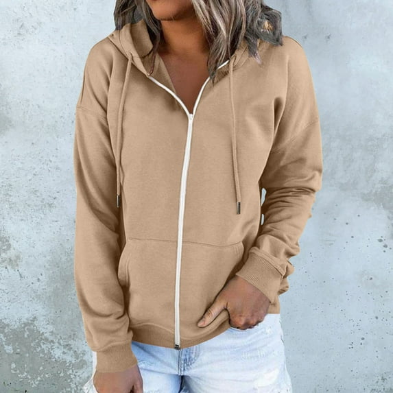 Bmisegm Womens Daily Long Casual Down for Womens Pocket Hooded Sweatshirts Pullover Sleeve Butt on V Drawstring Hoodies Neck Women's Hoodies & Sweatshirts Sweatshirt for Women Khaki XL