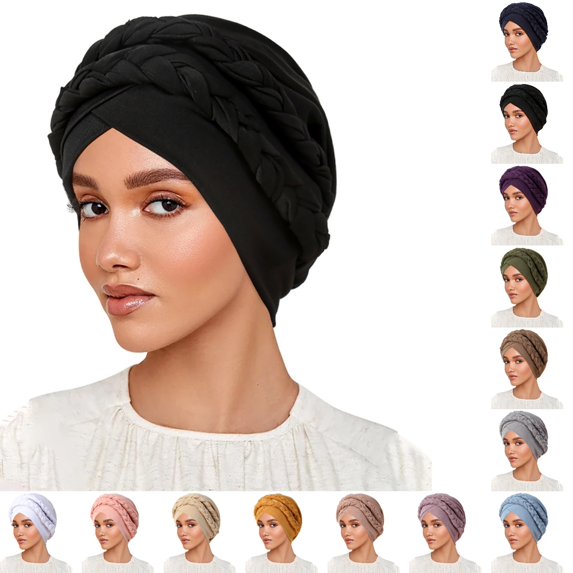 Bmisegm Womens Headbands Milk Silk Hijab Headband Two Tone Solid Color Head Wrap Braided Design Bandanas for Women Black_001