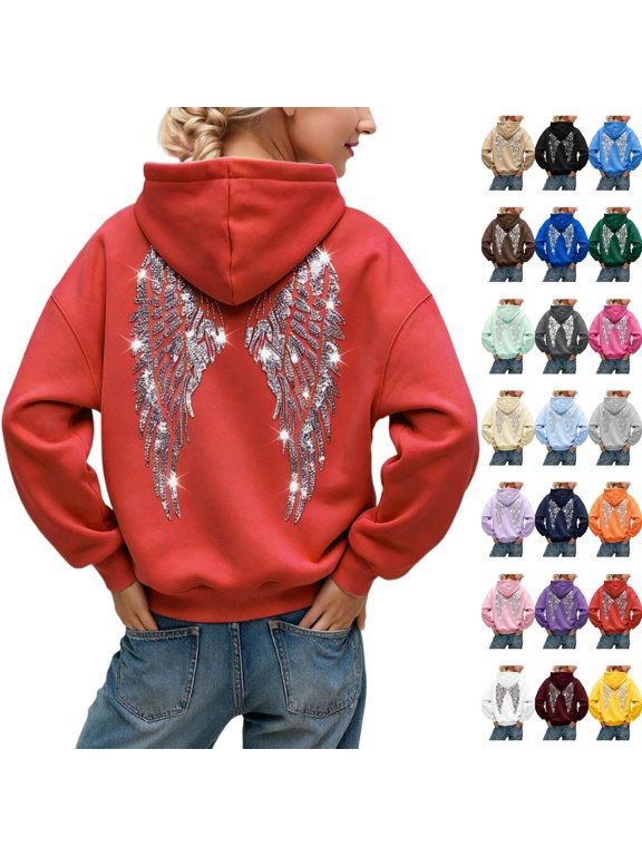 Womens Hooded Sweatshirt Sequin Angel Wings Hoodie Women Trendy Long Sleeve Sweatshirts Baggy Drawstring Sweat Shirt with Pocket