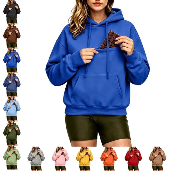 Bmisegm Womens Hoodies Pullover Drawstring Hood Long Sleeve Front Pocket Loose Drop Shoulder Soft Texture Solid Hoodie for Women