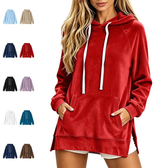 Bmisegm Womens Hoodies Pullover Drawstring Hood Long Sleeve Front Pocket Raglan Sleeve Side Slit Regular Fit Drop Shoulder Solid Hoodie for Women