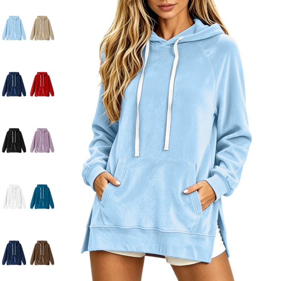 Bmisegm Womens Hoodies Pullover Drawstring Hood Long Sleeve Front Pocket Raglan Sleeve Side Slit Regular Fit Drop Shoulder Solid Hoodie for Women