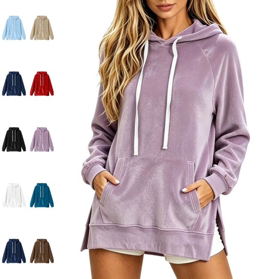 Bmisegm Womens Hoodies Pullover Drawstring Hood Long Sleeve Front Pocket Raglan Sleeve Side Slit Regular Fit Drop Shoulder Solid Hoodie for Women