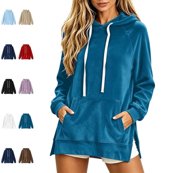 Bmisegm Womens Hoodies Pullover Drawstring Hood Long Sleeve Front Pocket Raglan Sleeve Side Slit Regular Fit Drop Shoulder Solid Hoodie for Women