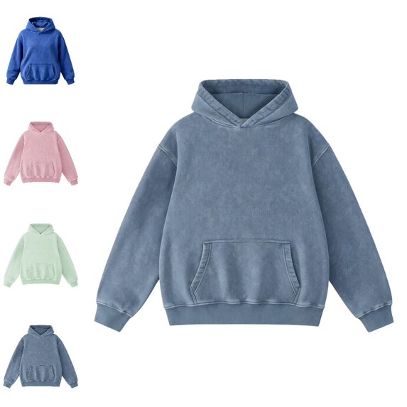 Bmisegm Womens Hoodies Pullover Drawstring Hood Long Sleeve Front Pocket Washed Distressed Loose Drop Shoulder Solid Hoodie for Women