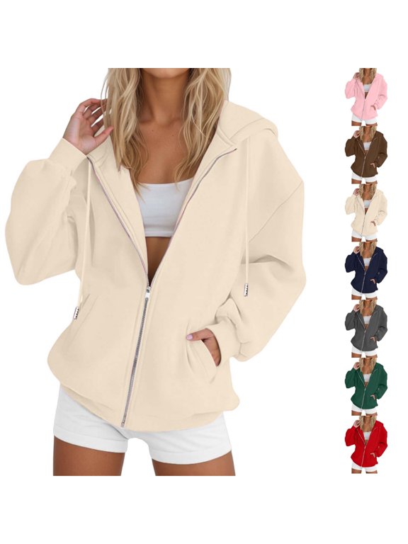 Womens Hoodies Zip up Solid Color Loose Long Sleeve Jacket with Front Pouch Womens Sweatshirts