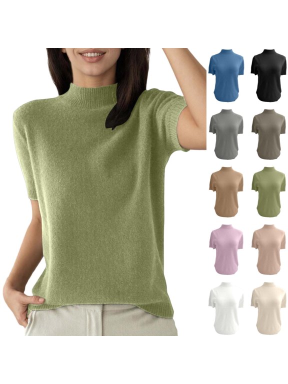 Womens Short Sleeve Tops Basic Knit T Shirt High Neck Ribbed Casual Tops Stretchy Daily Wear Tee Women's Tops Green XXL