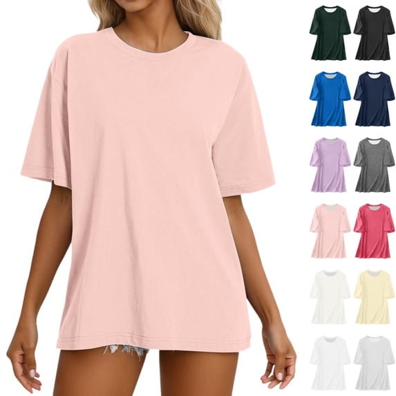 Bmisegm Womens Short Sleeve Tops Casual Oversized Solid Loose Crew Neck Basic T Shirts Everyday Wear T Shirts for Women Light Pink XL