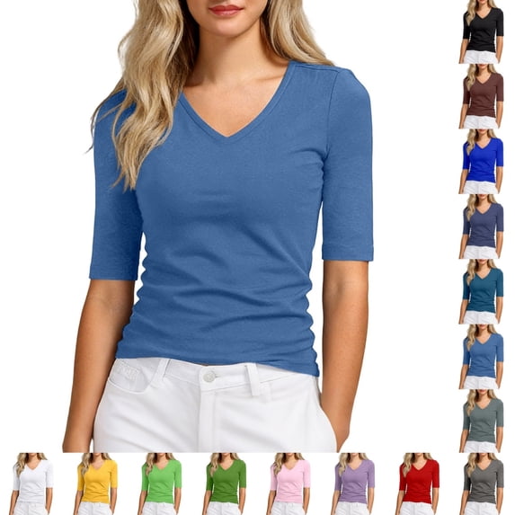 Bmisegm Womens Short Sleeve Tops Casual V Neck T Shirt Basic Solid for Layering Daily Wear T Shirts for Women Navy_001_A XL
