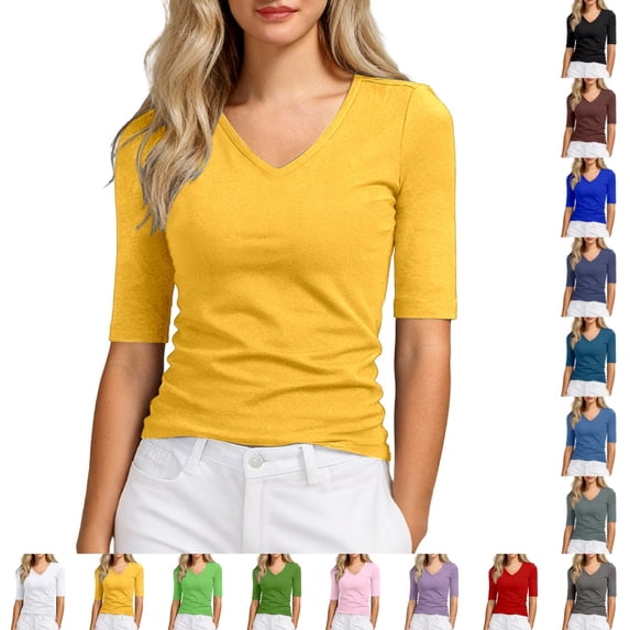 Bmisegm Womens Short Sleeve Tops Casual V Neck T Shirt Basic Solid for Layering Daily Wear T Shirts for Women Yellow_A XXXL