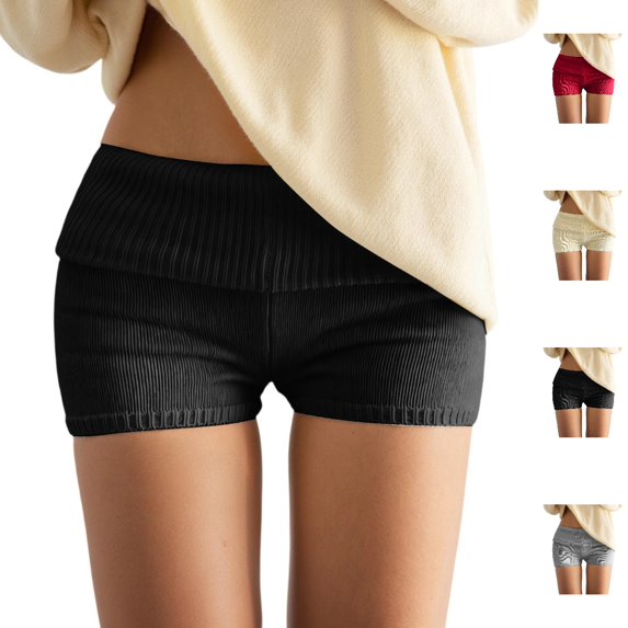 Bmisegm Womens Shorts Casual Low Rise Knit Double Layered Flipped Waistband Bottoms Womens Shorts Black_001 L