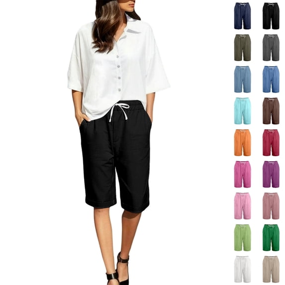 Bmisegm Womens Summer Shorts Casual Cropped Elastic Waist Solid Color Everyday Bottoms Shorts Women Black M