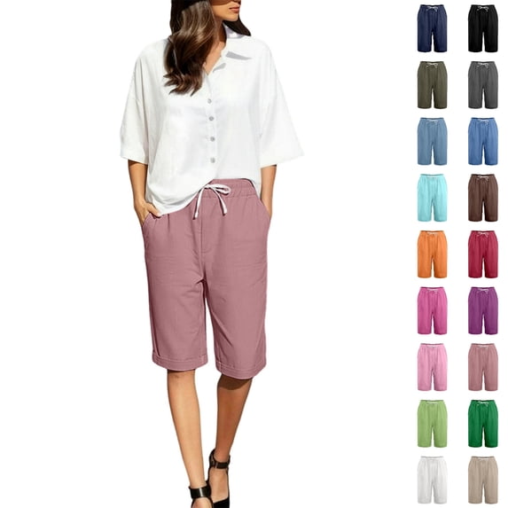 Bmisegm Womens Summer Shorts Casual Cropped Elastic Waist Solid Color Everyday Bottoms Shorts Women Light Pink L
