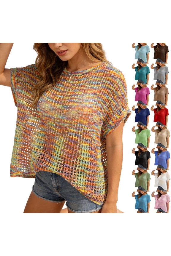 Womens Summer Tops Scoop Neck Short Sleeve Sweater Casual Crochet Hollow Out Knit Tops Pullover Shirts Beach Coverup Multicolor L
