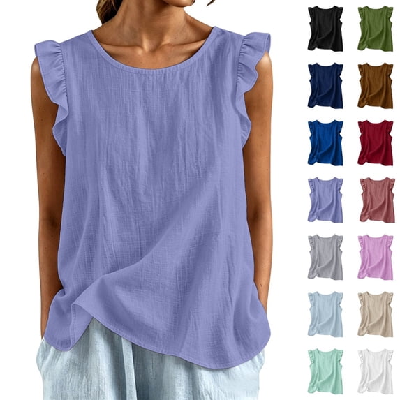 Bmisegm Womens Tank Tops Casual Comfortable Ruffle Sleeveless Round Neck Relaxed Fit Lightweight Breathable Basic Vest Summer Tops for Women Light Purple XXXXXL