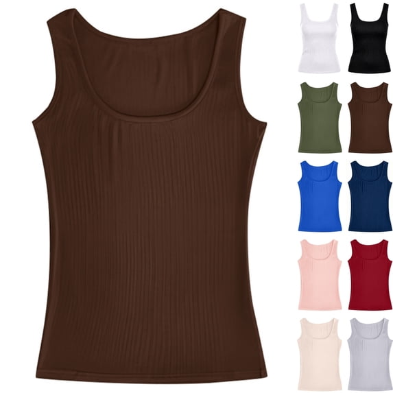 Bmisegm Womens Tank Tops Casual Ribbed Square Neck Sleeveless Regular Fit Solid Color Regular Vest Womens Tops Brown M