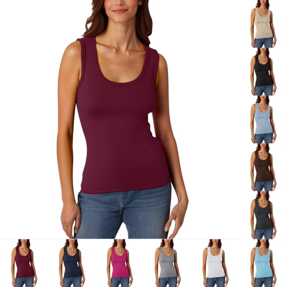 Bmisegm Womens Tank Tops Ribbed Casual Sleeveless Basic Vest U Neck Wide Straps Regular Fit Solid Color Summer Tops for Women Red XXL