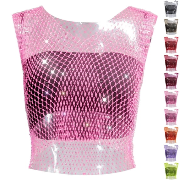 Bmisegm Womens Tank Tops Sleeveless Round Neck Rhinestone Decorative Design Regular Fit Vest Summer Tops for Women Hot Pink M