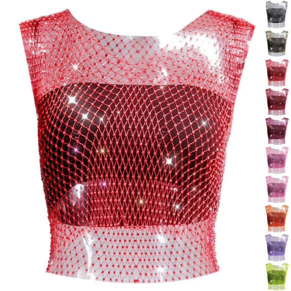 Bmisegm Womens Tank Tops Sleeveless Round Neck Rhinestone Decorative Design Regular Fit Vest Summer Tops for Women Red XS
