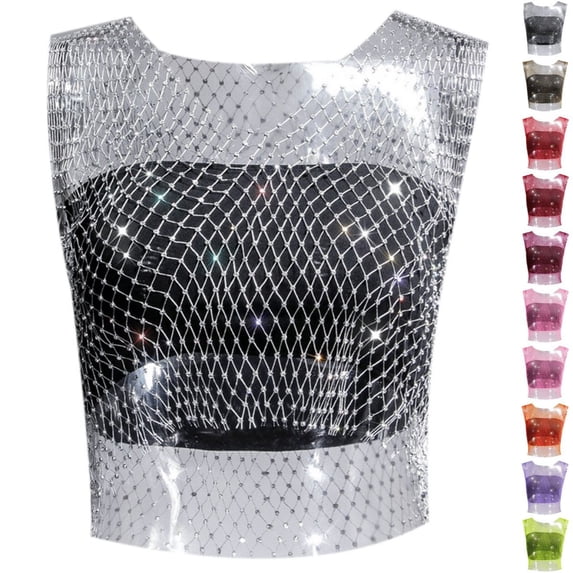 Bmisegm Womens Tank Tops Sleeveless Round Neck Rhinestone Decorative Design Regular Fit Vest Summer Tops for Women Silver XS