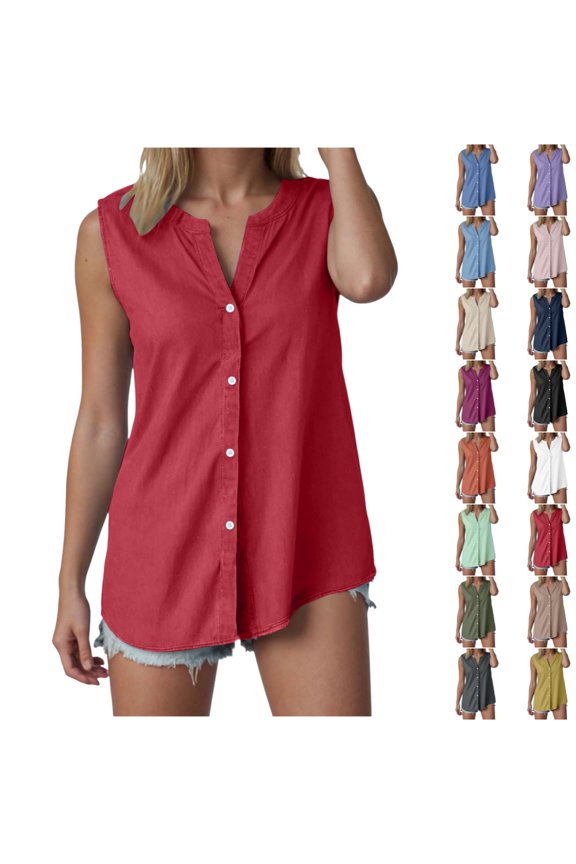 Womens Tank Tops Sleeveless V Neck Button Design Solid Color A Line Loose Casual Womens Casual Tops Red S